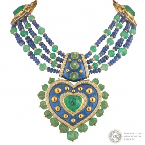Yellow Gold Diamond, Emerald and Sapphire Necklace